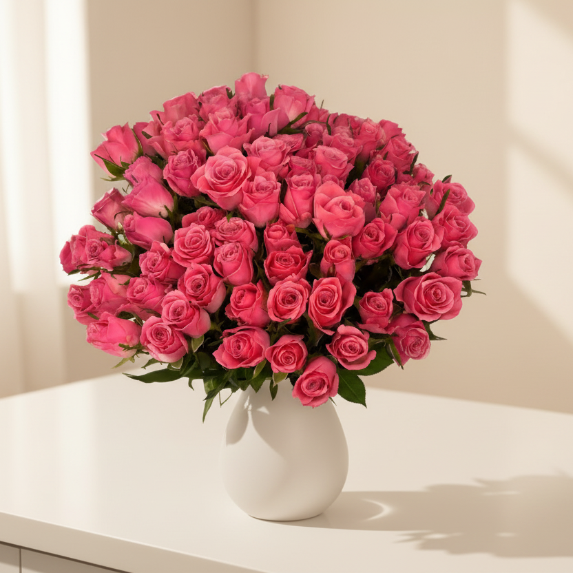 Bouquet of pink roses in a white vase on a white surface with a white background