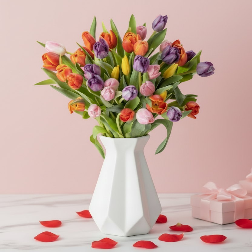 Bouquet of colorful tulips in a white vase on a light pink background with scattered petals.