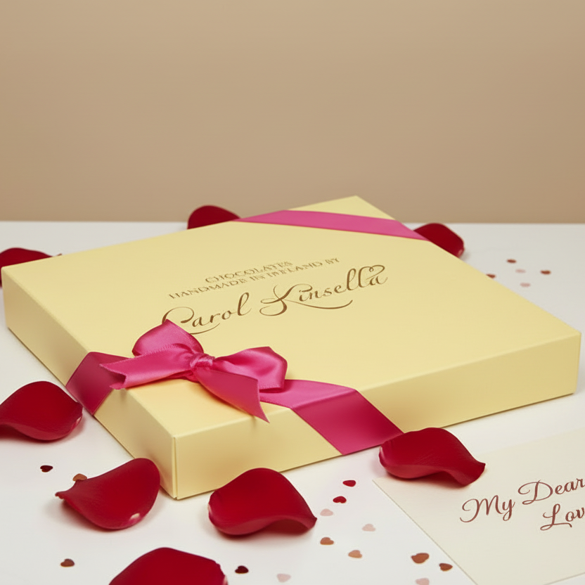 Yellow gift box with a pink ribbon on a beige background