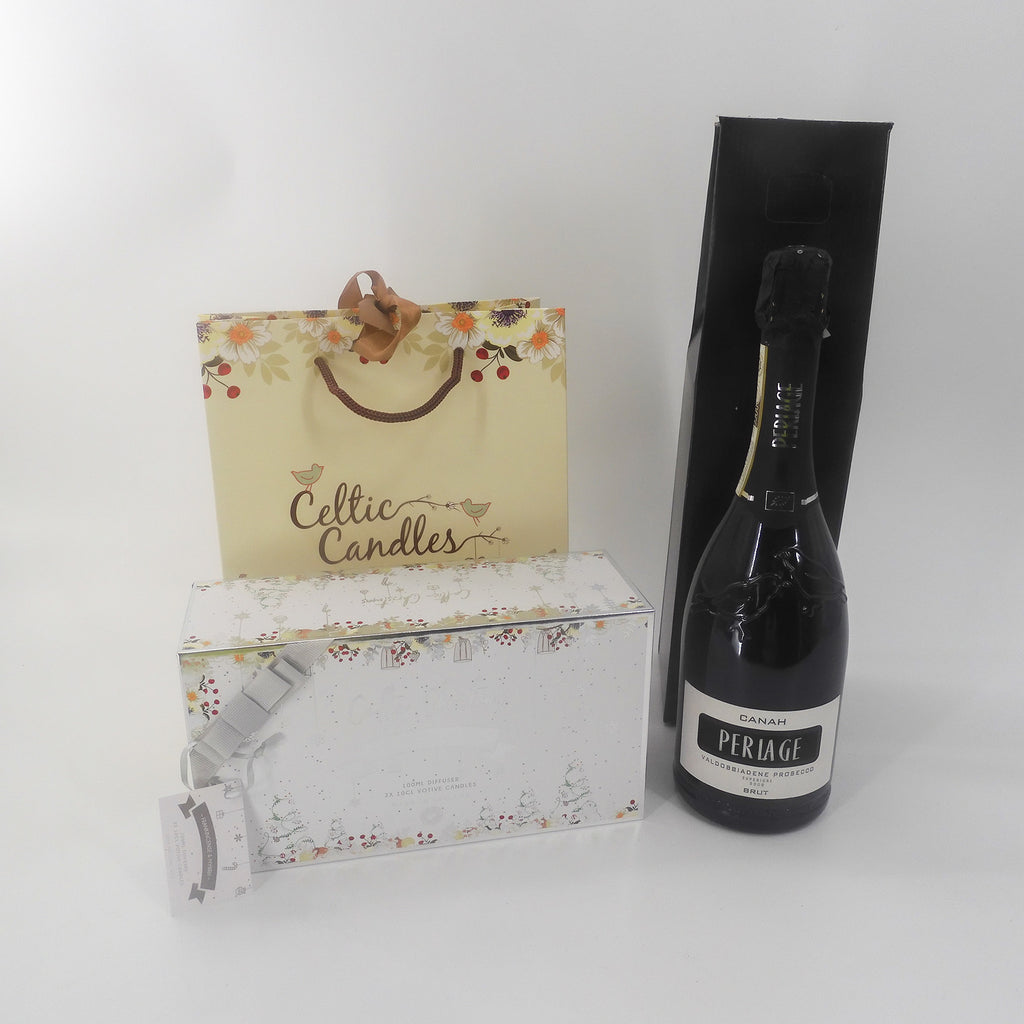 luxury gift set with Pariage prosecco, Celtic Christmas candles, and a diffuser