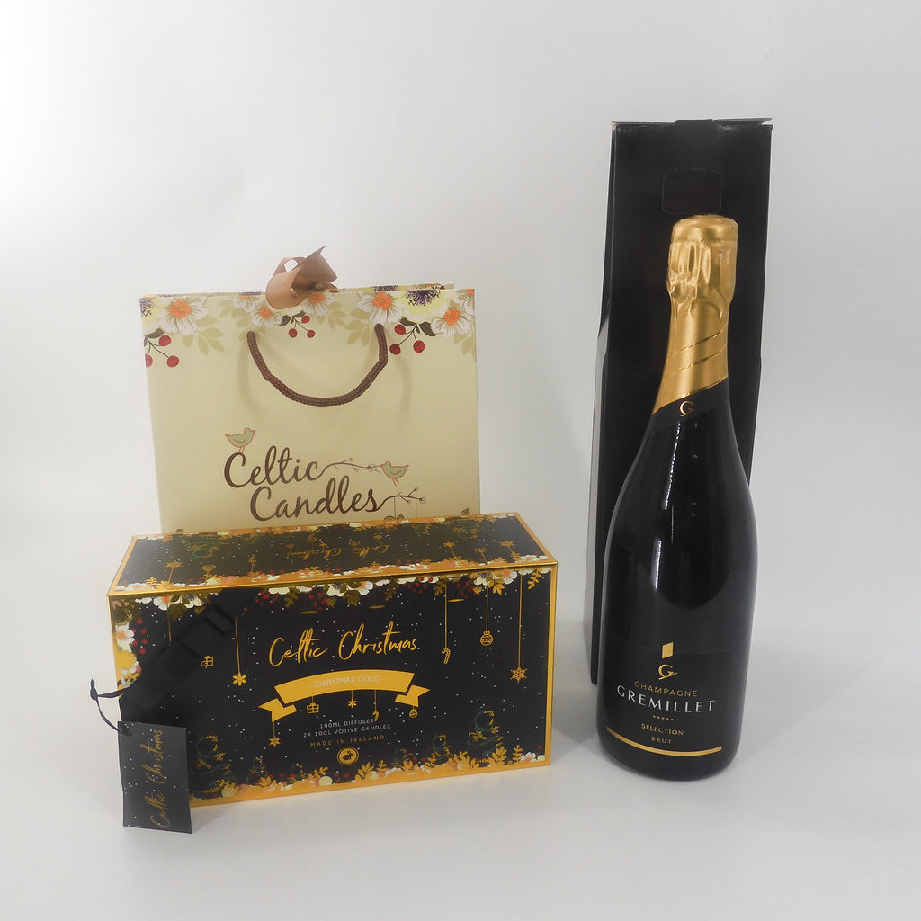 Christmas gift setwith Gremillet champagne, a Celtic Christmas candle set, and a diffuser