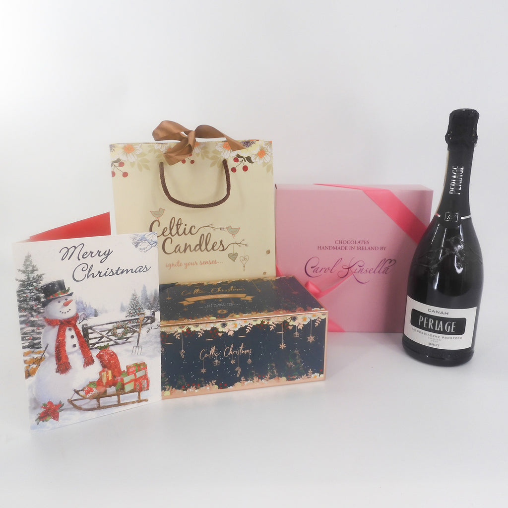 Luxurious Christmas gift set complete with Periage prosecco, Celtic Christmas candle set, Irish Carol Kinsella chocolates, and a lovely Merry Christmas card