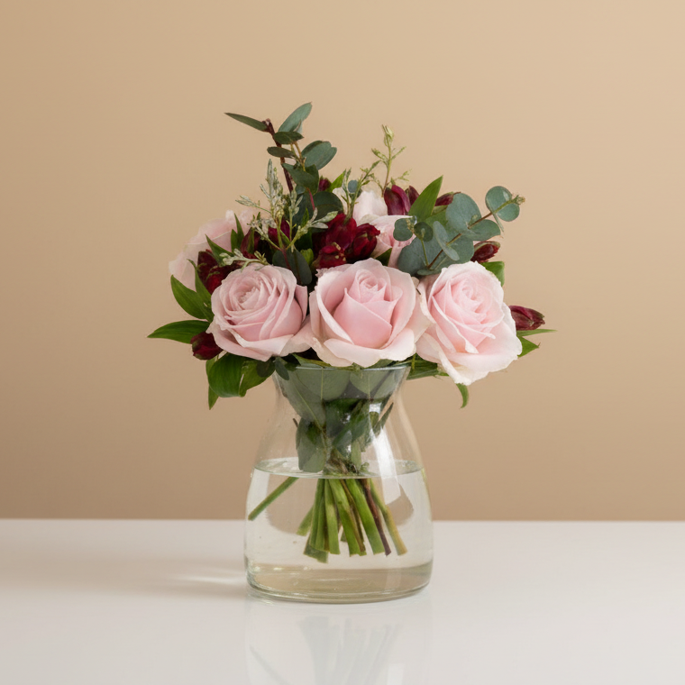 Bouquet of pink roses and greenery in a clear vase on a white background