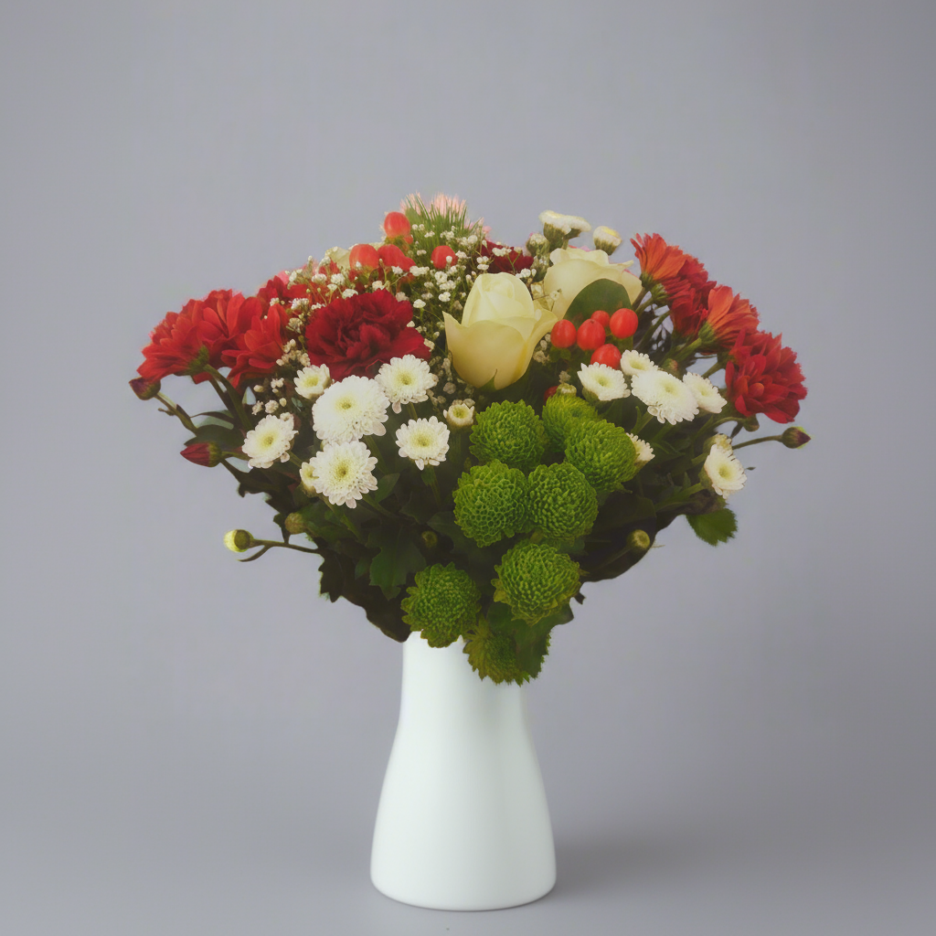 A floral arrangement featuring a variety of Christmas-themed flowers including white roses, red chrysanthemums, burgundy carnations, and greenery, presented on a white vase against a grey background.