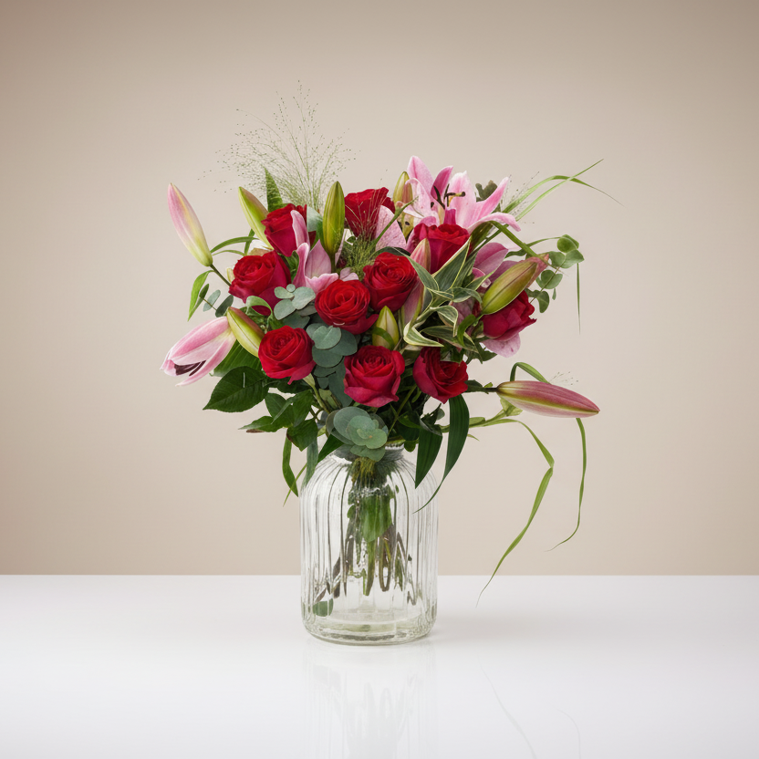 Bouquet of red roses and pink lilies in a clear glass vase on a light background