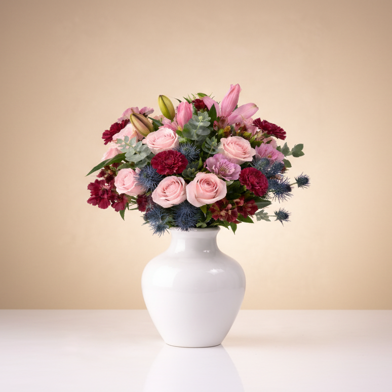 Bouquet of flowers in a white vase on a light background