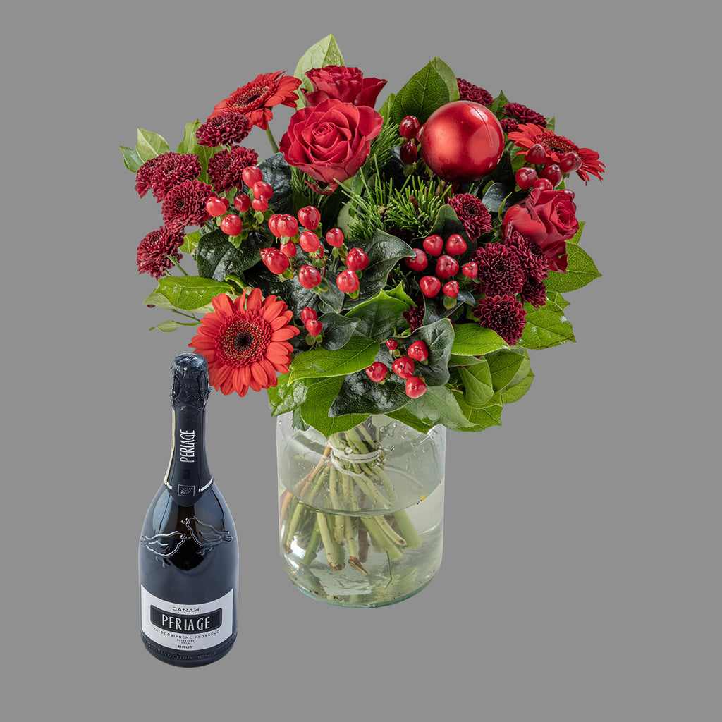 Christmas red roses bouquet and prosecco