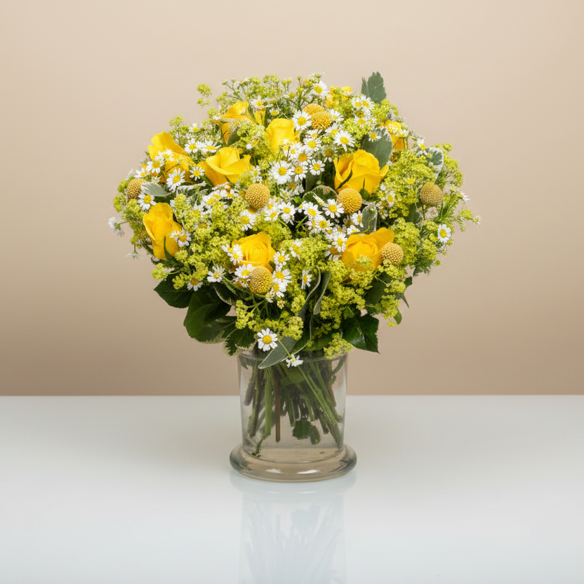Bouquet of yellow flowers in a clear vase on a white surface with a beige background