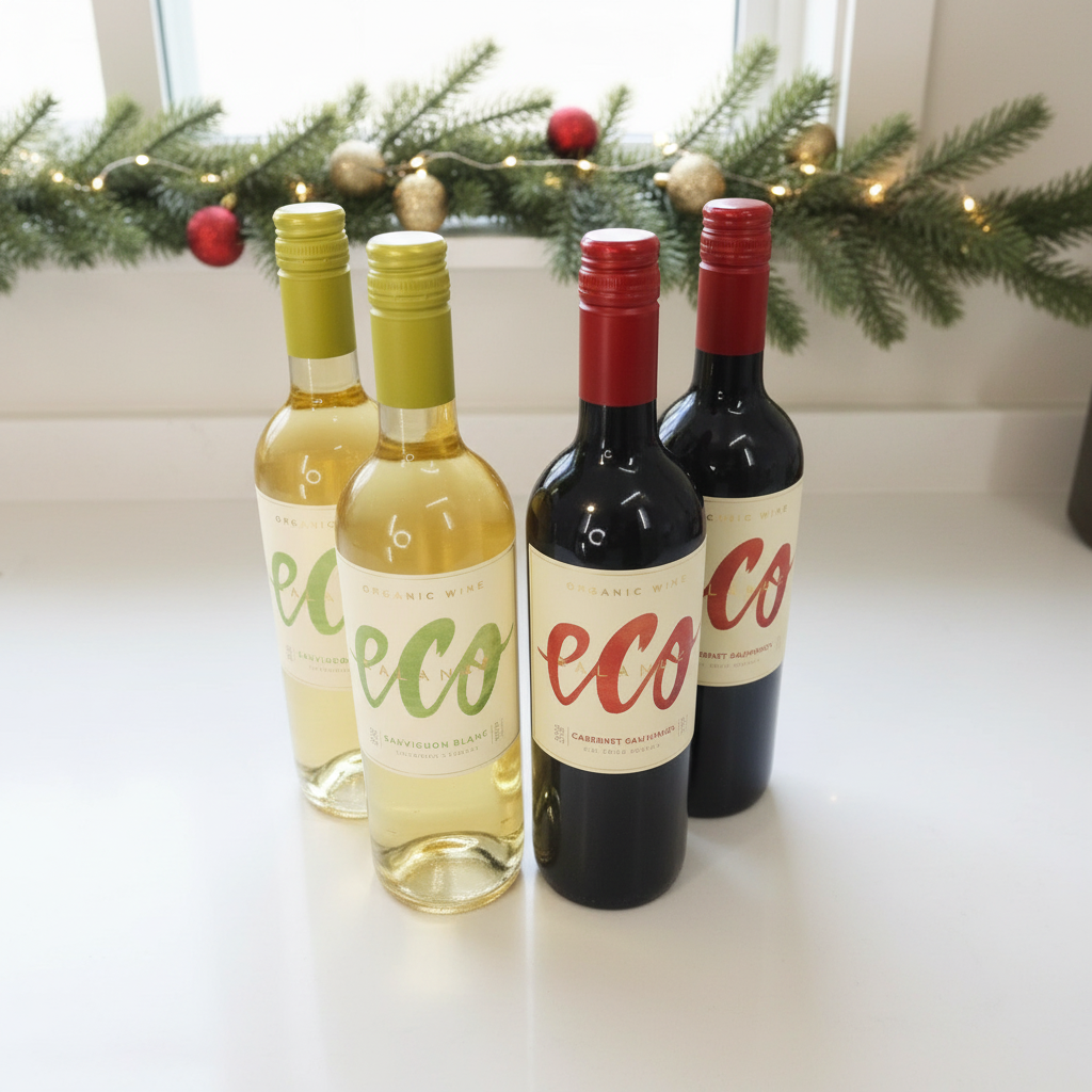 Four wine bottles with 'eco' labels on a white surface, decorated with Christmas garland in the background.
