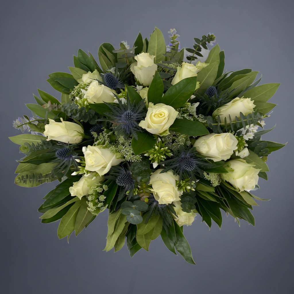 A floral arrangement featuring a mix of white and blue flowers, including roses and other greenery, presented in a circular form.