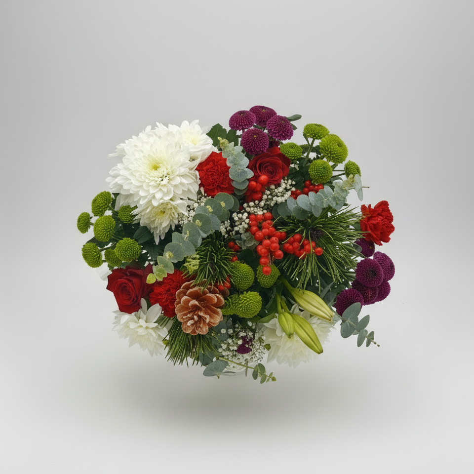 Colorful bouquet of flowers including red roses, white chrysanthemums, and greenery on a white background