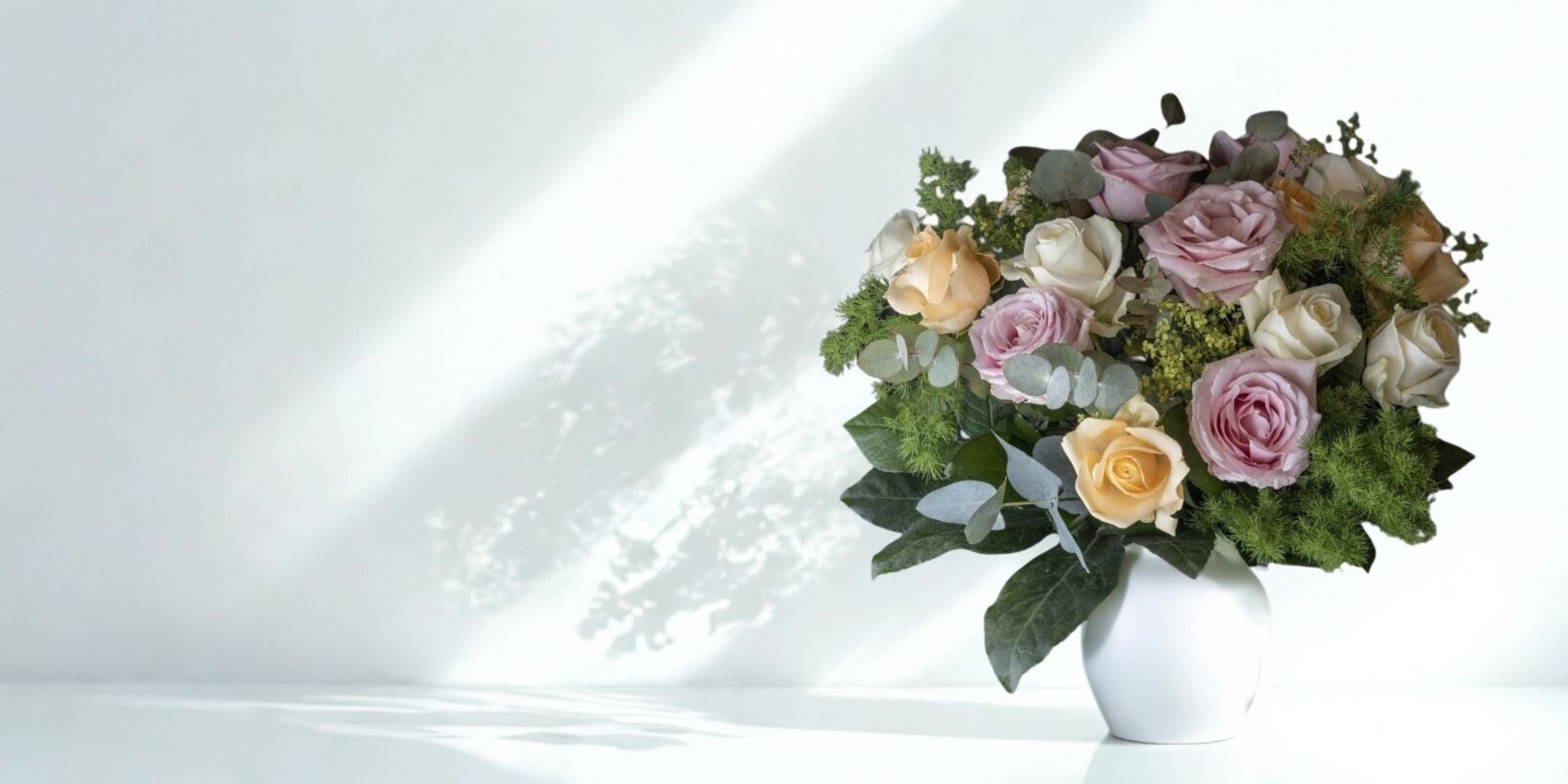 pastel roses flower bouquet in a white ceramic vase desktop banner madflowers Ireland 