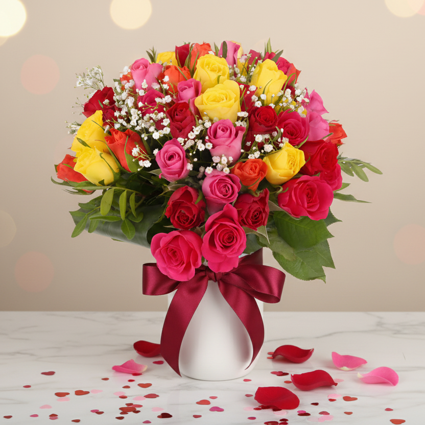 Bouquet of red, yellow, and pink roses in a white vase on a light background