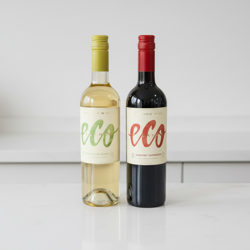 Two wine bottles, one white and one red, with 'eco' labels on a white background.