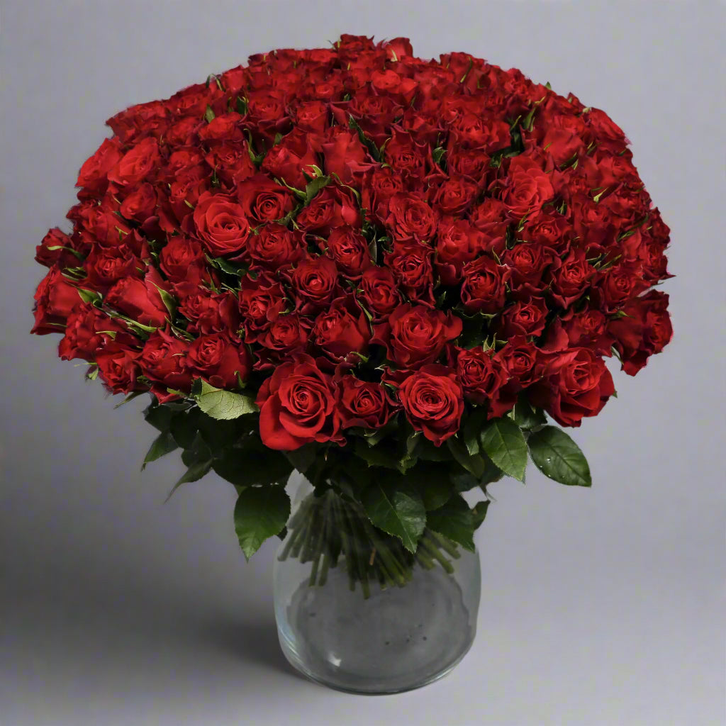 100 red roses flower bouquet in a glass vase