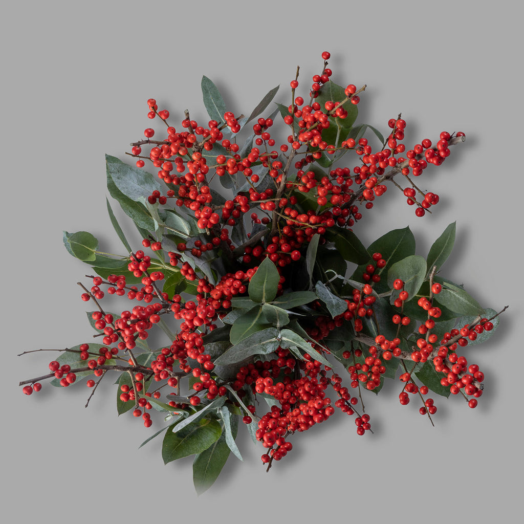 top down view of Christmas holly ilex berry bouquet