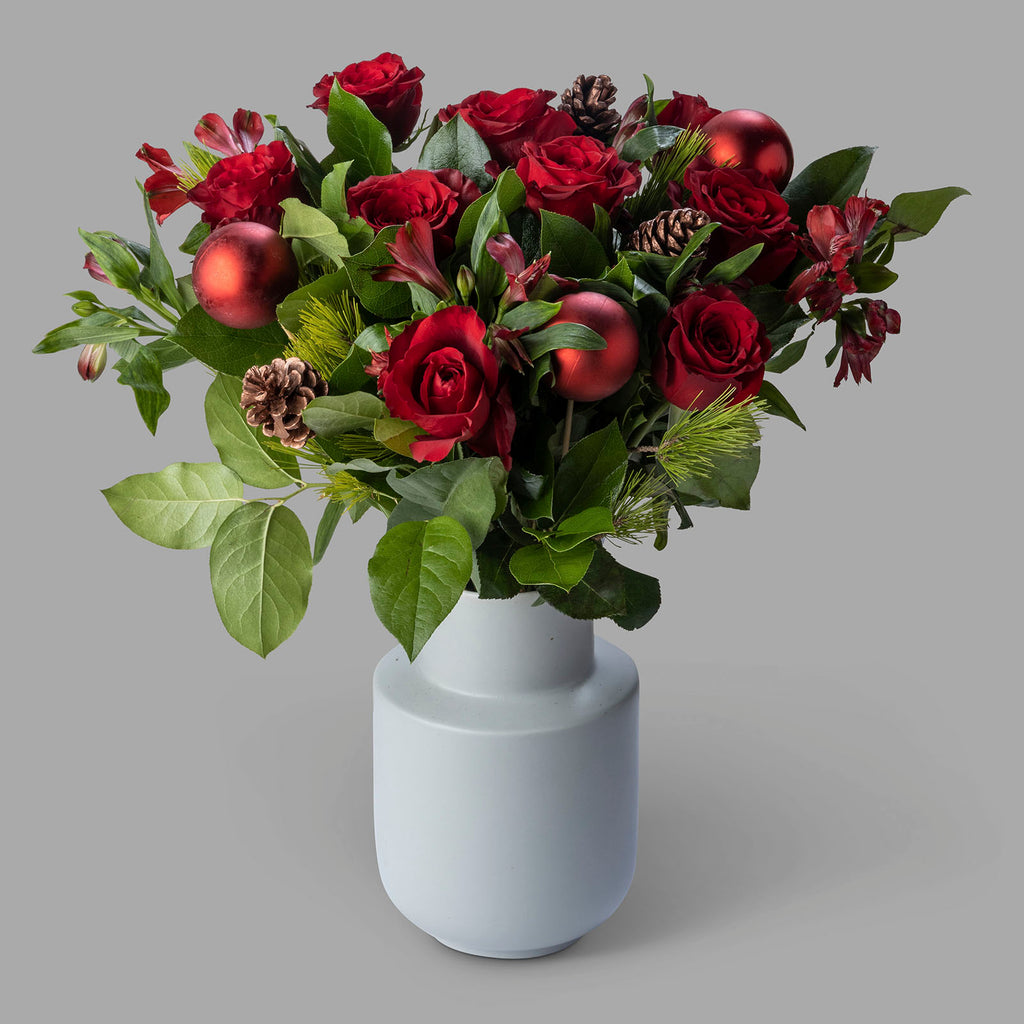 Red roses christmas bliss flower bouquet with baubles