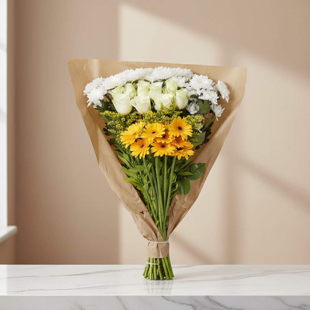 White and yellow flowers in paper wrapping