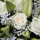 Close up of a rose from Rose and white lily bouquet