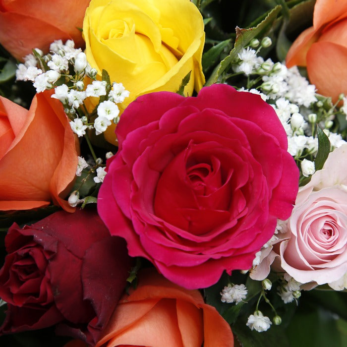 Close up of a pink rose from Assorted roses bouquet in a glass vase