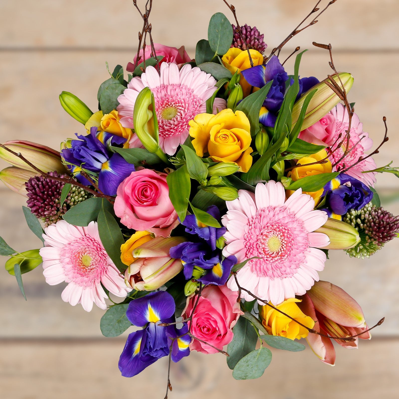Top down view of Easter springtime flower bouquet