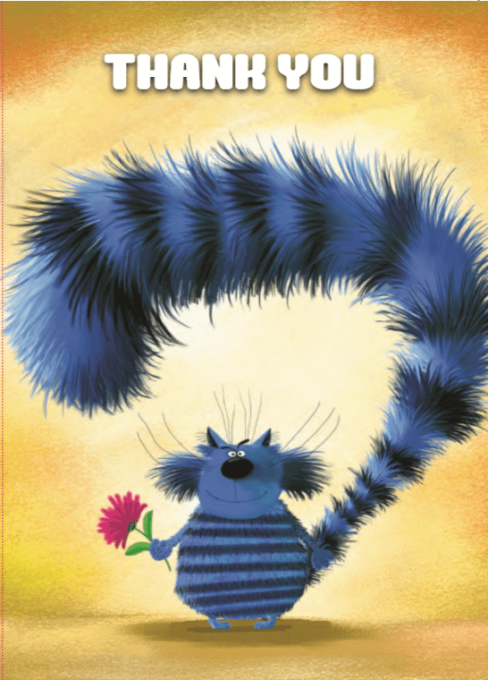 Card with a cartoon blue and black striped cat holding a flower with thank you written at the top.