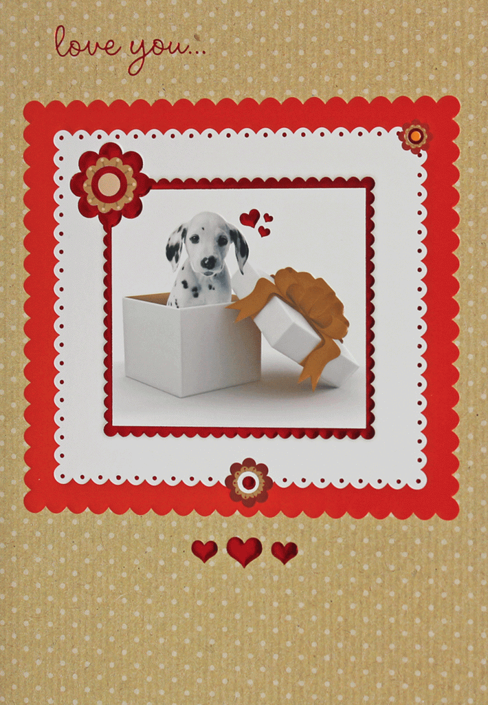 Card with a picture of a dog in a gift box on the front and I love you written on the top.