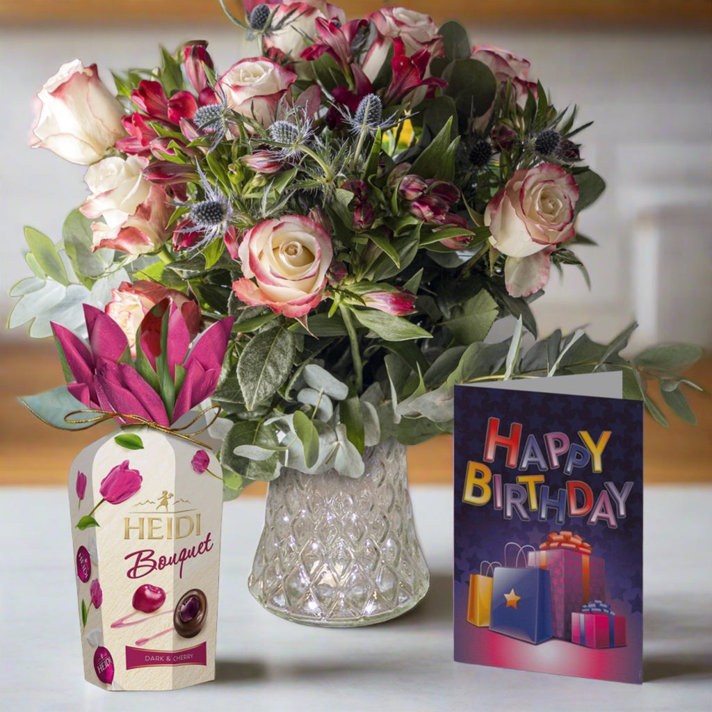 Sweetness bouquet bundle with chocolates and a happy birthday card